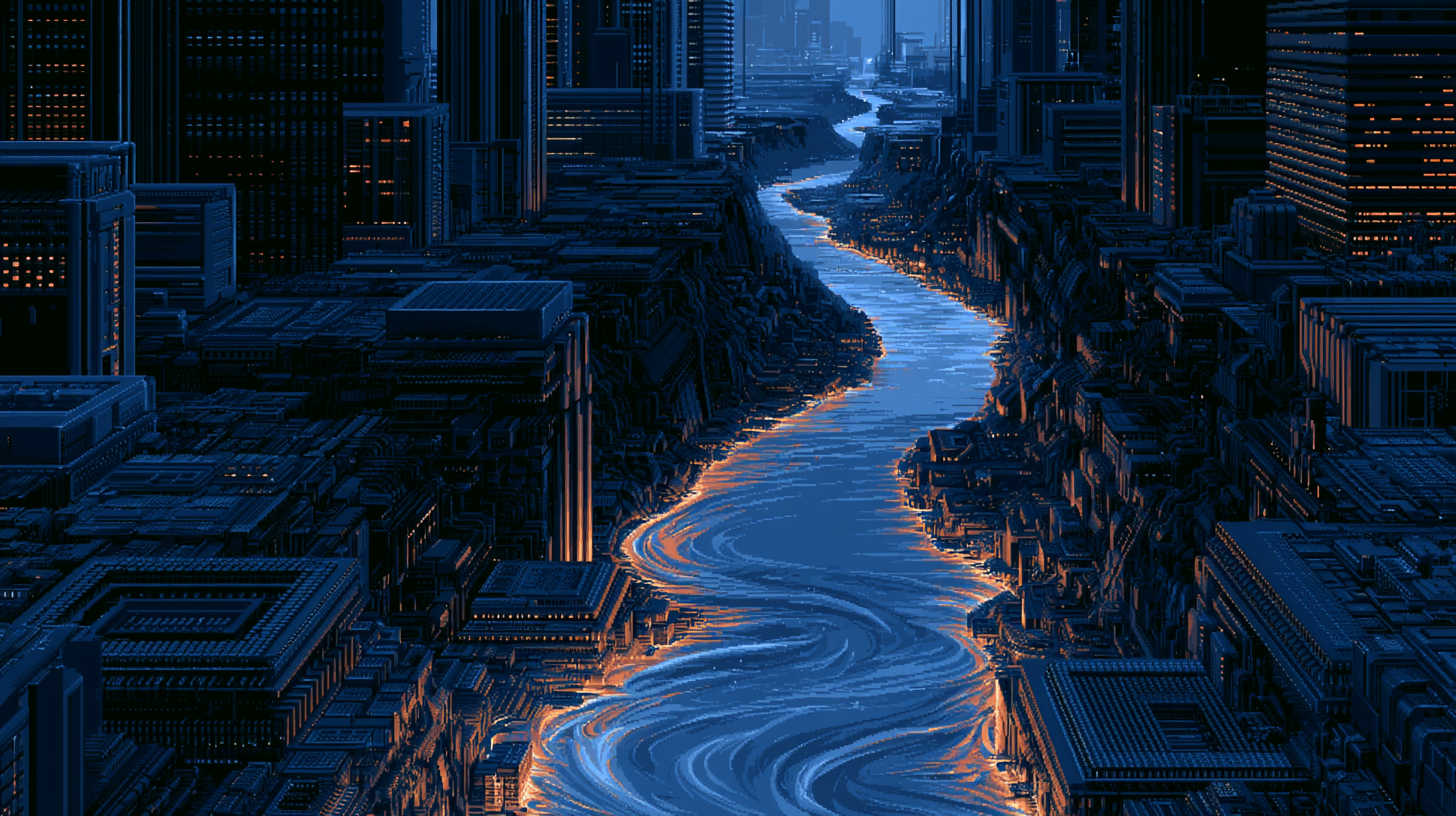 16-bit illustration: a river of glowing water carving through silicon