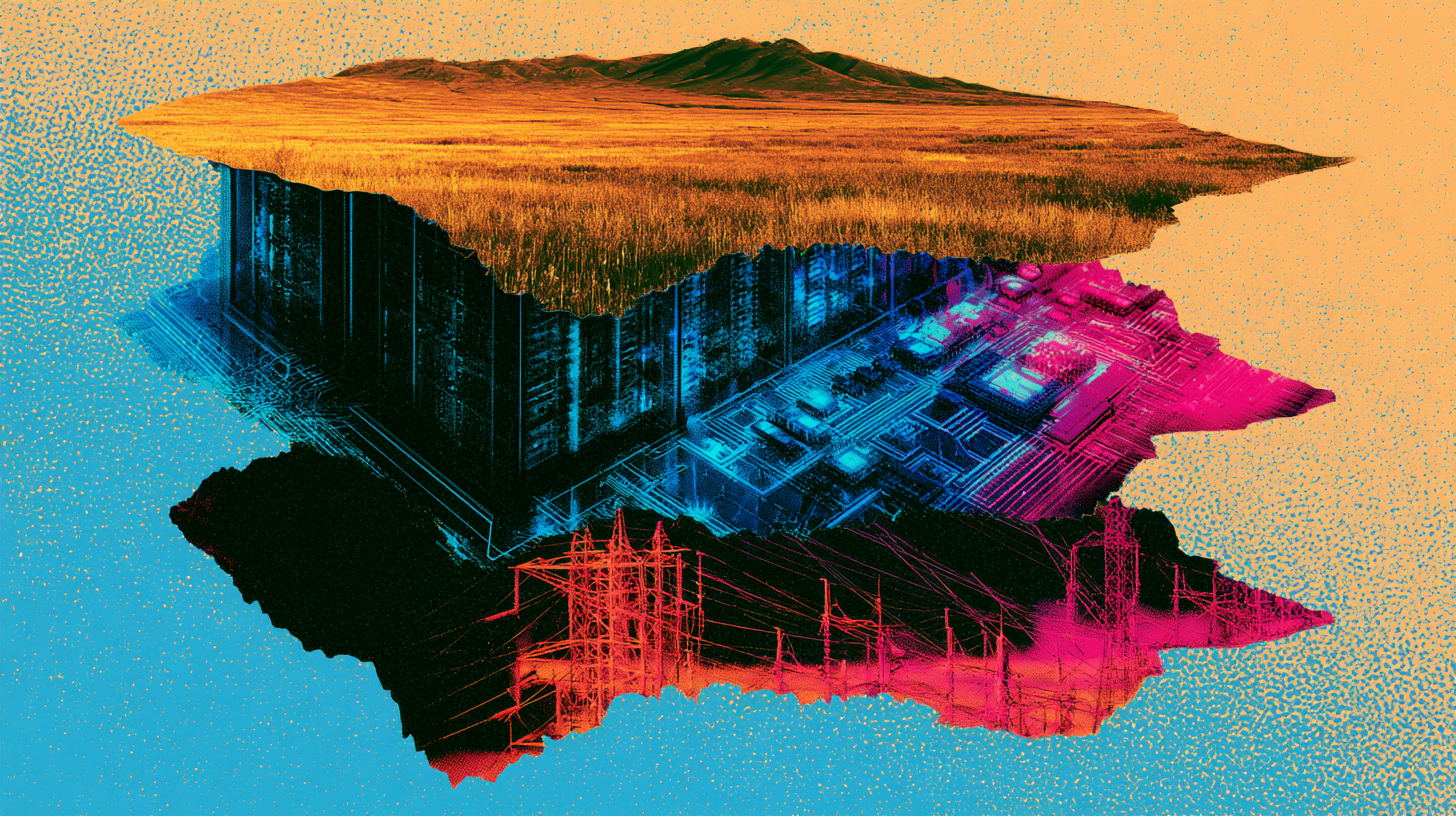 Pop art collage: a golden steppe folded like a map, revealing chips, servers and the grid