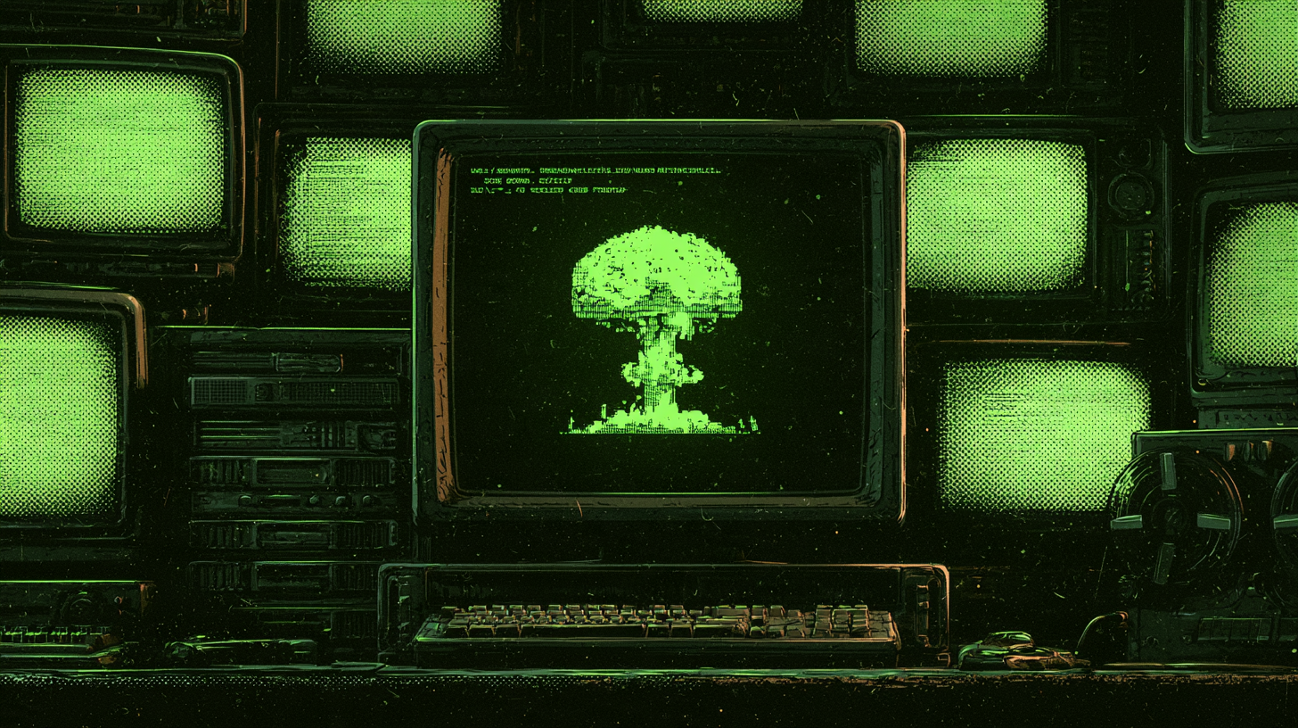Hand-drawn illustration: a nuclear blast rendered as ASCII art inside a vintage green-phosphor terminal
